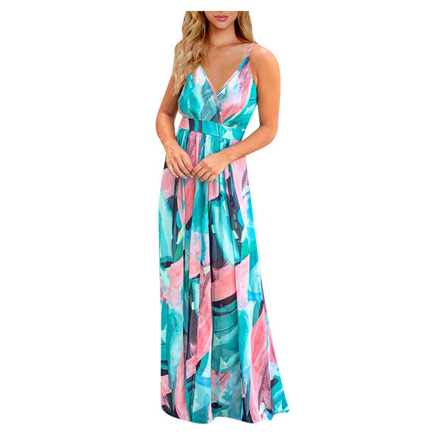 Tropical Boho Floral Print Sexy Backless Sundress
