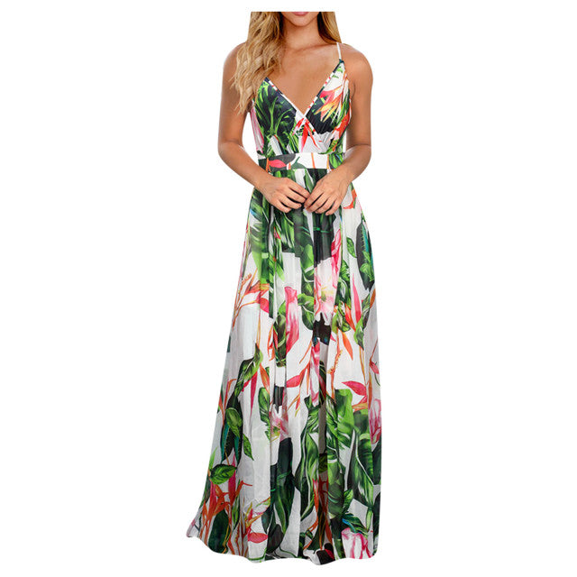 Tropical Boho Floral Print Sexy Backless Sundress