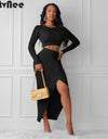 Two Piece Full Sleeve Crop Top Stretch Split Skirt - Fashion Damsel