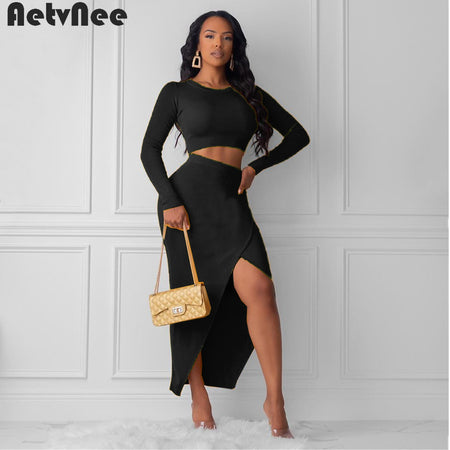 Two Piece Full Sleeve Crop Top Stretch Split Skirt - Fashion Damsel