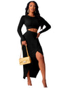 Two Piece Full Sleeve Crop Top Stretch Split Skirt - Fashion Damsel