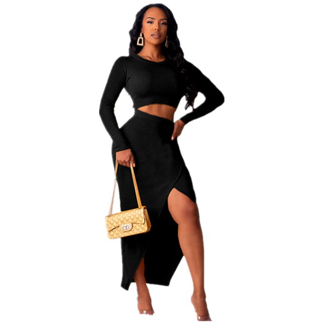 Two Piece Full Sleeve Crop Top Stretch Split Skirt - Fashion Damsel