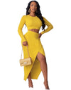 Two Piece Full Sleeve Crop Top Stretch Split Skirt - Fashion Damsel