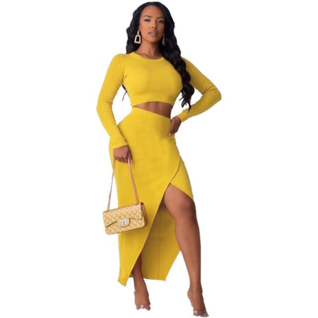 Two Piece Full Sleeve Crop Top Stretch Split Skirt - Fashion Damsel