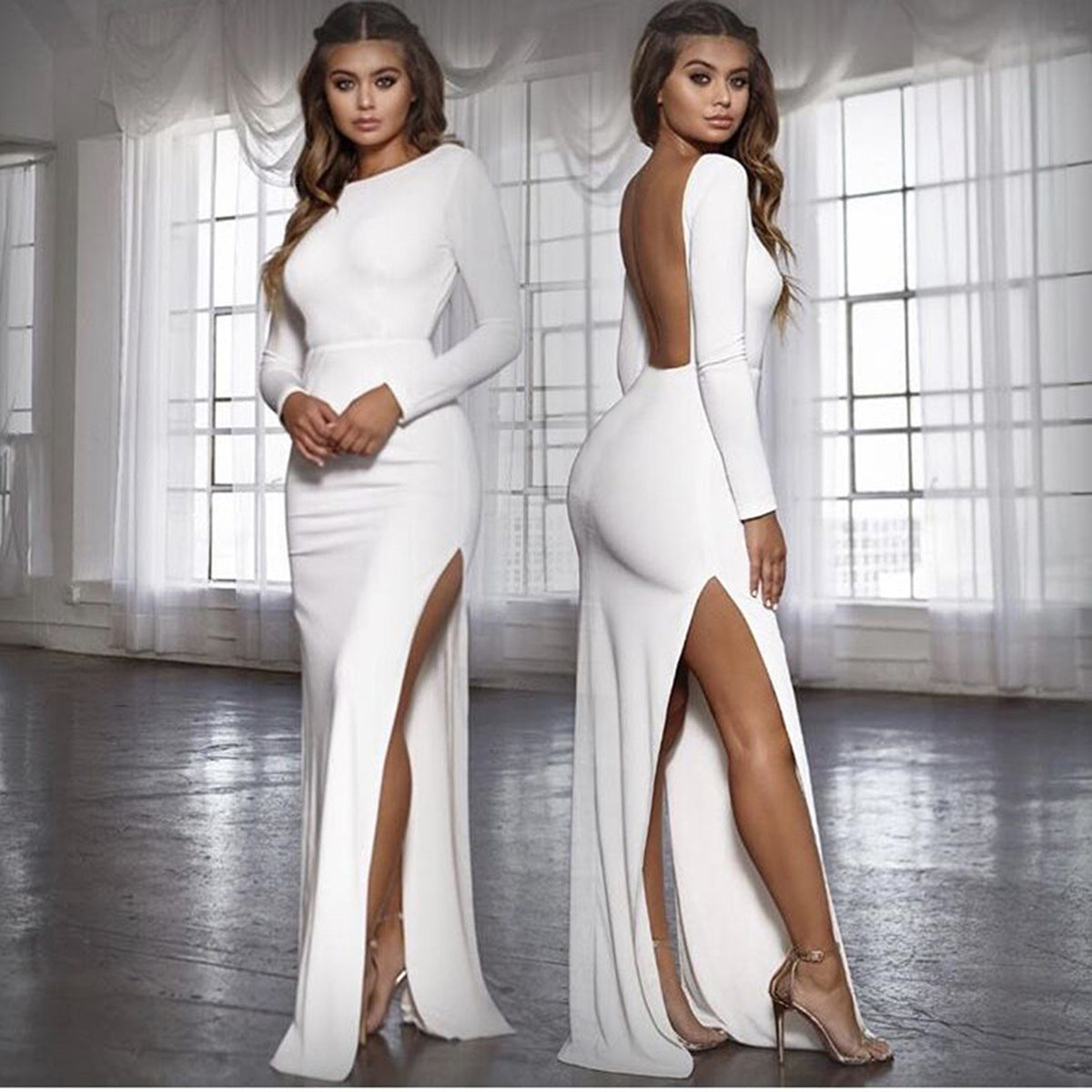 Sexy Halter Split Long-sleeved and Floor-length Dress - Fashion Damsel