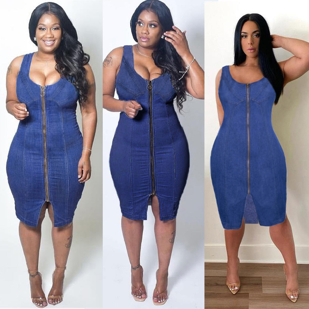 Zipper Denim Sleeveless Dress - Fashion Damsel