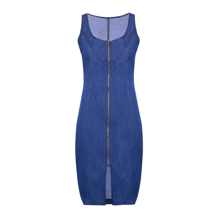 Zipper Denim Sleeveless Dress - Fashion Damsel