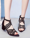 Faux Leather Rhinestones Thick Heel Zipper Sandals - Fashion Damsel