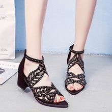 Load image into Gallery viewer, Faux Leather Rhinestones Thick Heel Zipper Sandals - Fashion Damsel
