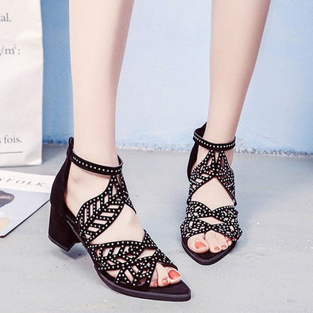 Faux Leather Rhinestones Thick Heel Zipper Sandals - Fashion Damsel