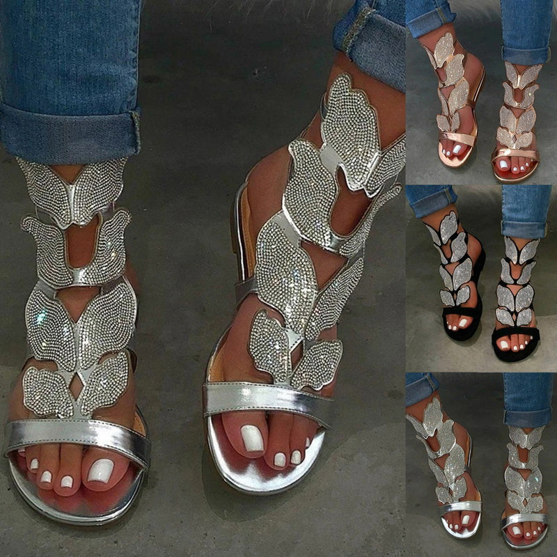 Rhinestone Butterfly Flat Sandals - Fashion Damsel