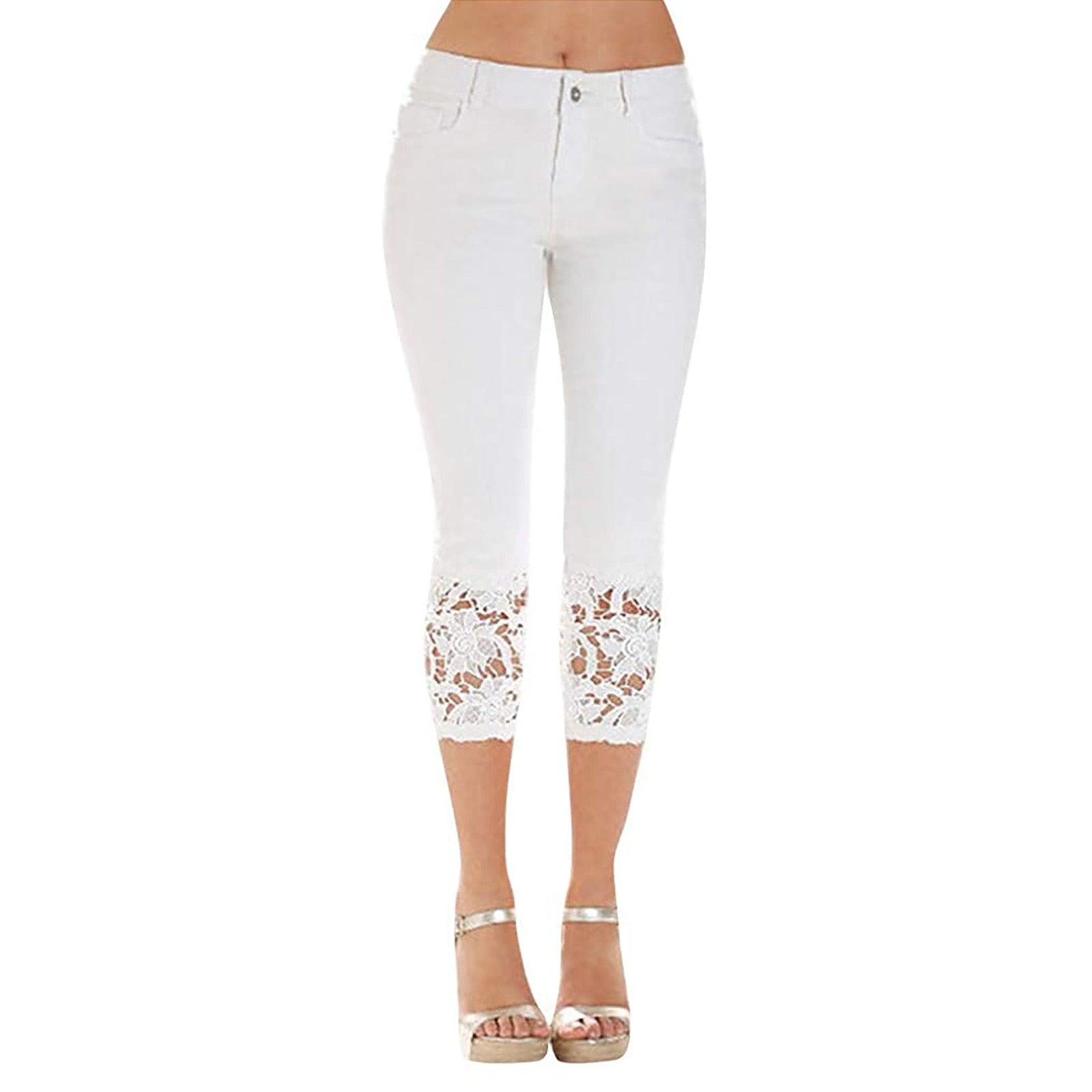 Casual Capri Lace Splicing Mid Waist Denim - Fashion Damsel