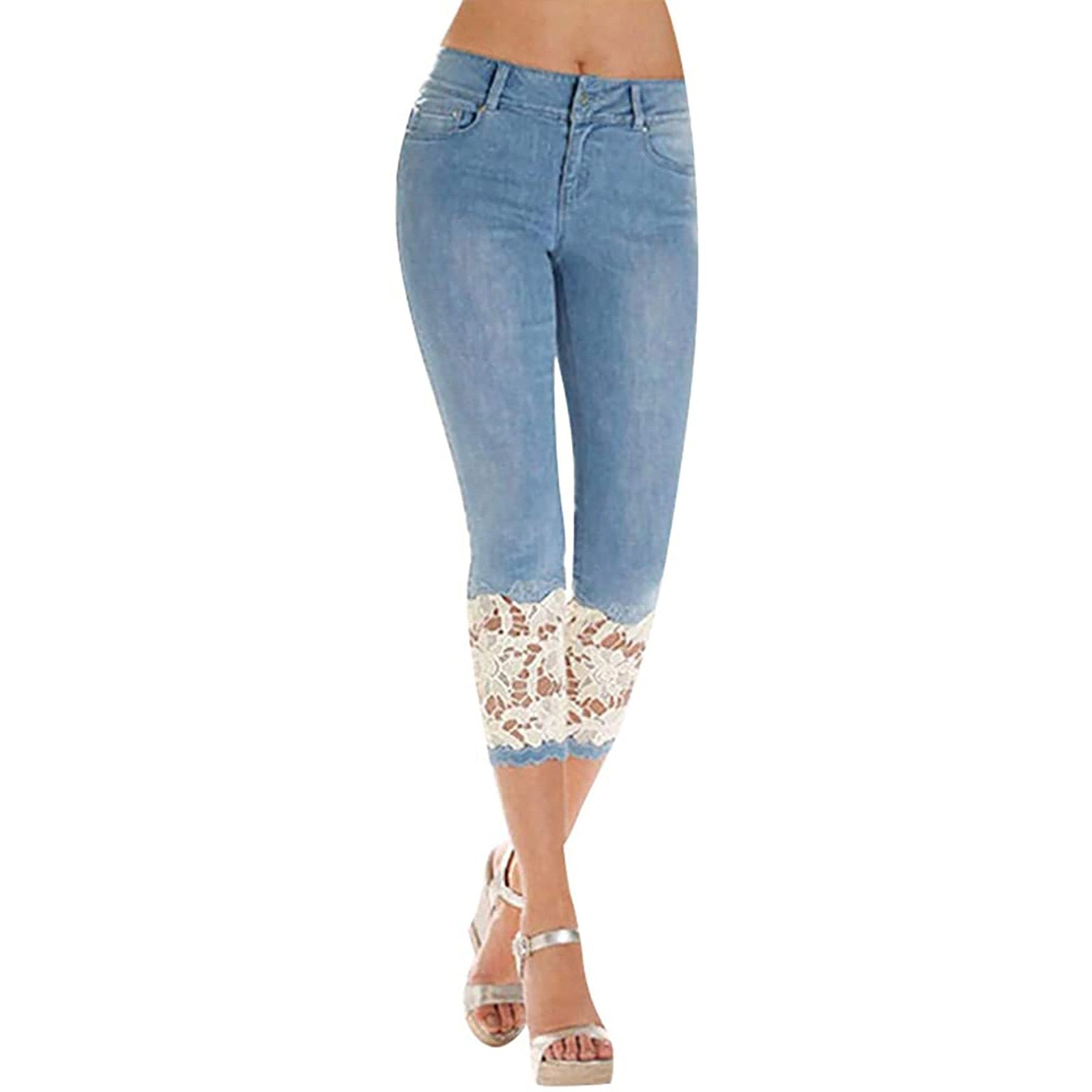 Casual Capri Lace Splicing Mid Waist Denim - Fashion Damsel
