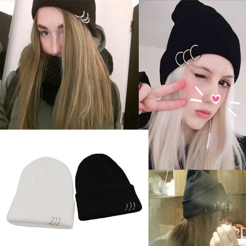 Solid Wool Metal Ring Knitted Beanie Cap - Fashion Damsel