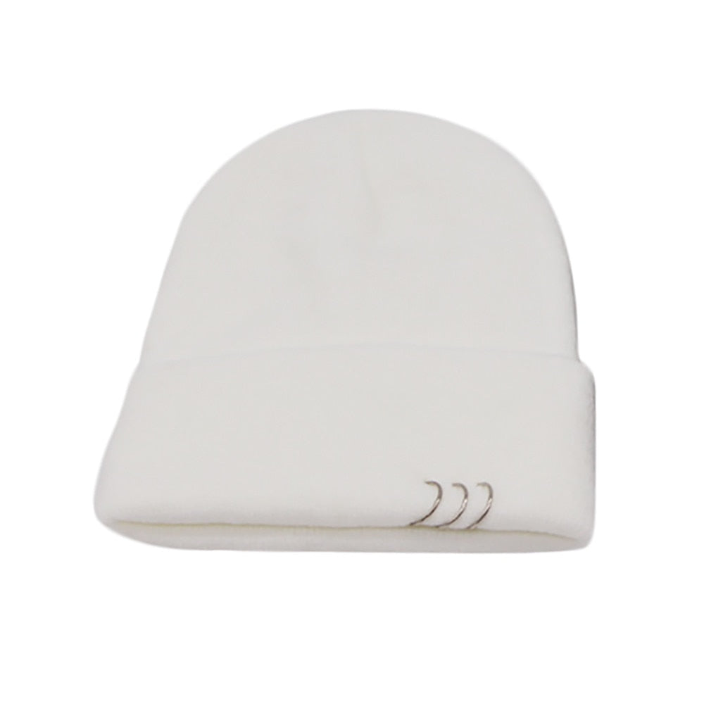 Solid Wool Metal Ring Knitted Beanie Cap - Fashion Damsel