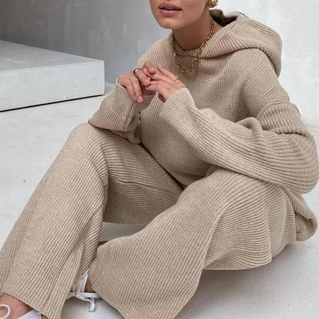 Two Piece Winter Knitted Sweat Suit Loungewear Hoodie - Fashion Damsel