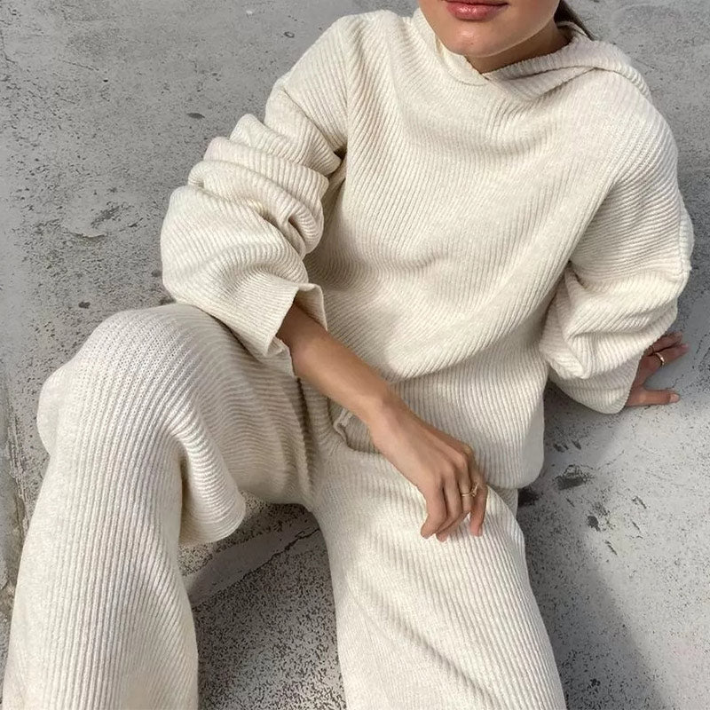 Two Piece Winter Knitted Sweat Suit Loungewear Hoodie - Fashion Damsel