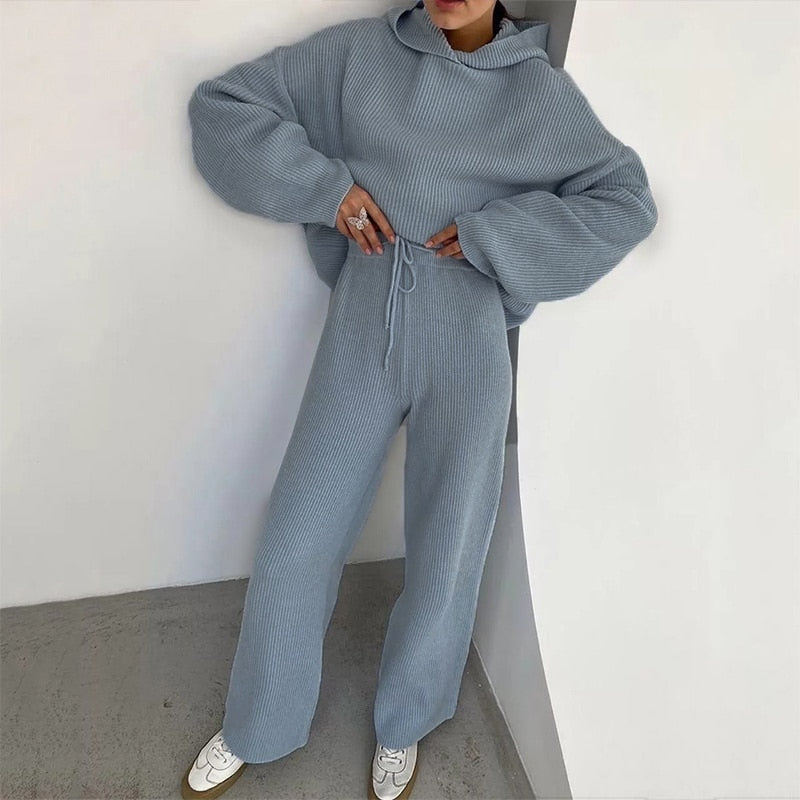 Two Piece Winter Knitted Sweat Suit Loungewear Hoodie - Fashion Damsel