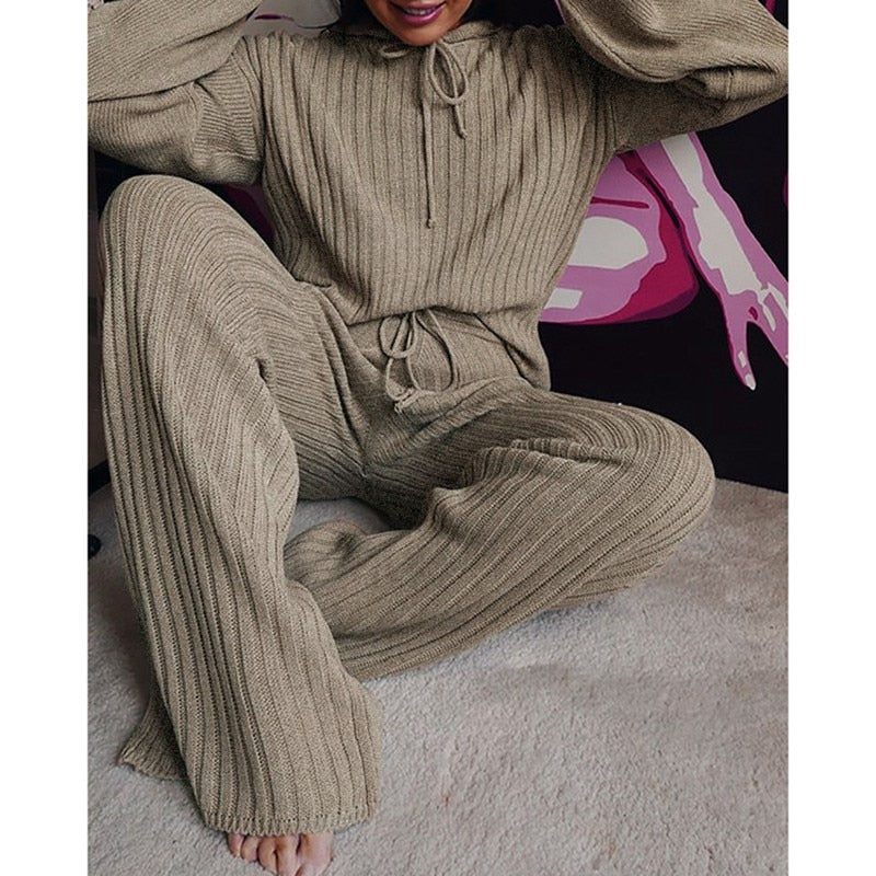 Two Piece Winter Knitted Sweat Suit Loungewear Hoodie - Fashion Damsel