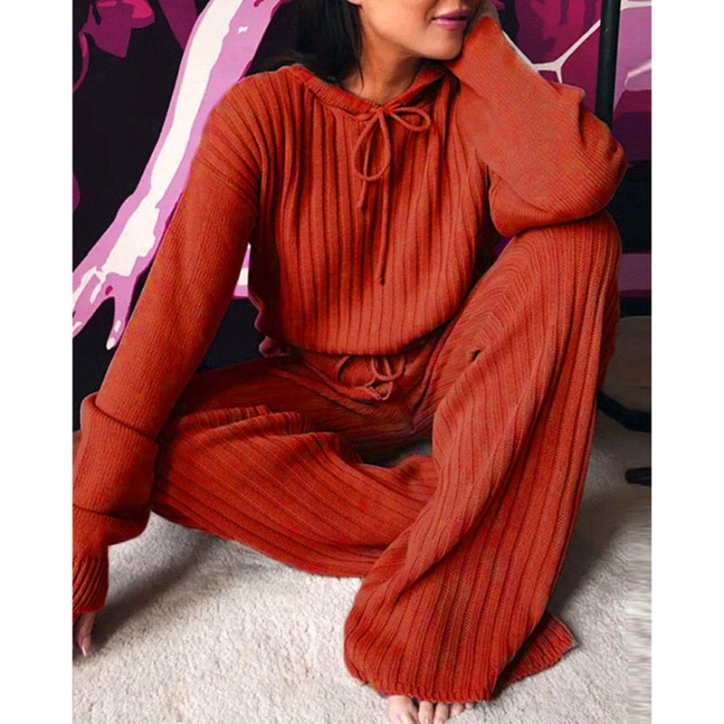 Two Piece Winter Knitted Sweat Suit Loungewear Hoodie - Fashion Damsel
