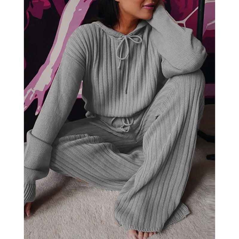 Two Piece Winter Knitted Sweat Suit Loungewear Hoodie - Fashion Damsel