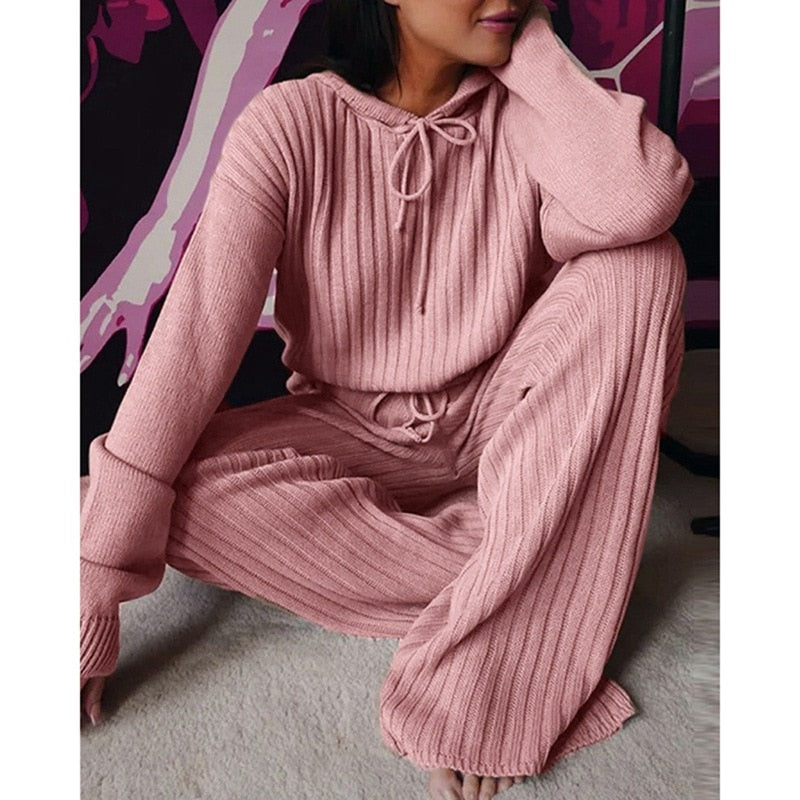 Two Piece Winter Knitted Sweat Suit Loungewear Hoodie - Fashion Damsel