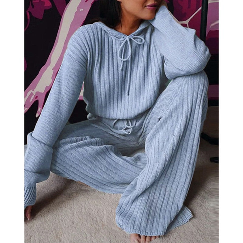 Two Piece Winter Knitted Sweat Suit Loungewear Hoodie - Fashion Damsel