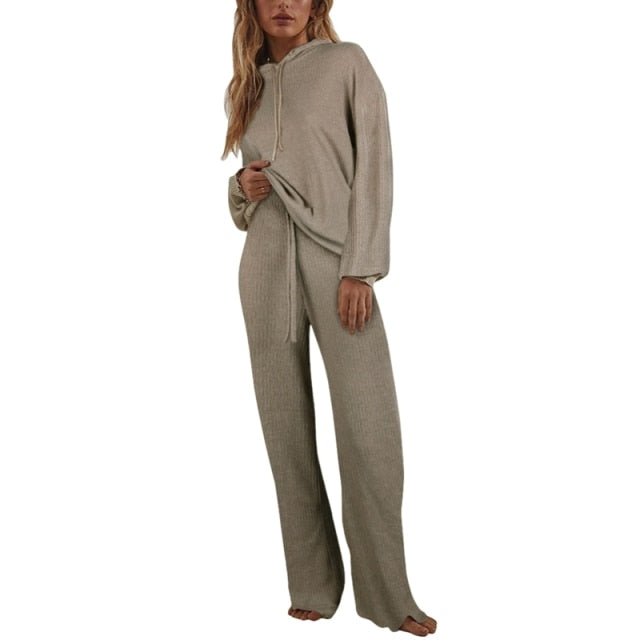 Two Piece Winter Knitted Sweat Suit Loungewear Hoodie - Fashion Damsel