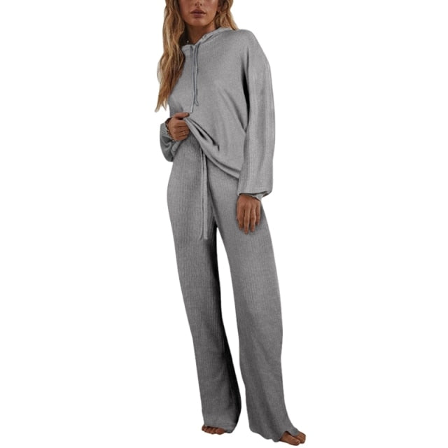 Two Piece Winter Knitted Sweat Suit Loungewear Hoodie - Fashion Damsel
