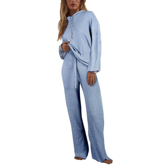 Two Piece Winter Knitted Sweat Suit Loungewear Hoodie - Fashion Damsel