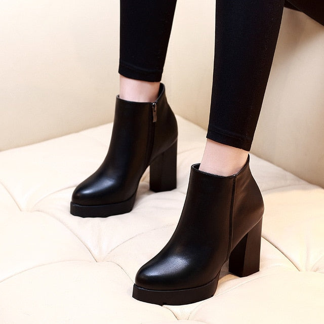 Genuine Leather Martin Black High Heels Zip-Up or Lace-Up - Fashion Damsel