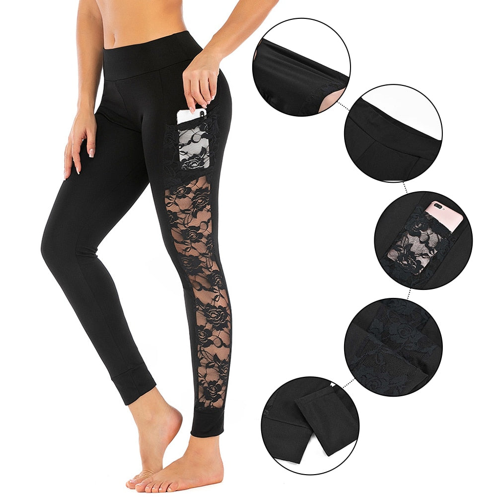Side Pocket Silk Screen Design Sports  Lace Yoga - Fashion Damsel