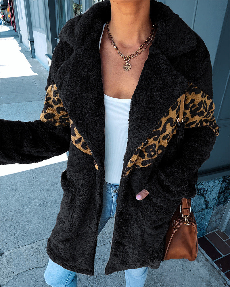 Leopard Print Plush Long Sleeve Button-Up Coat - Fashion Damsel