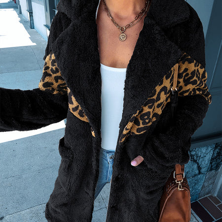 Leopard Print Plush Long Sleeve Button-Up Coat - Fashion Damsel