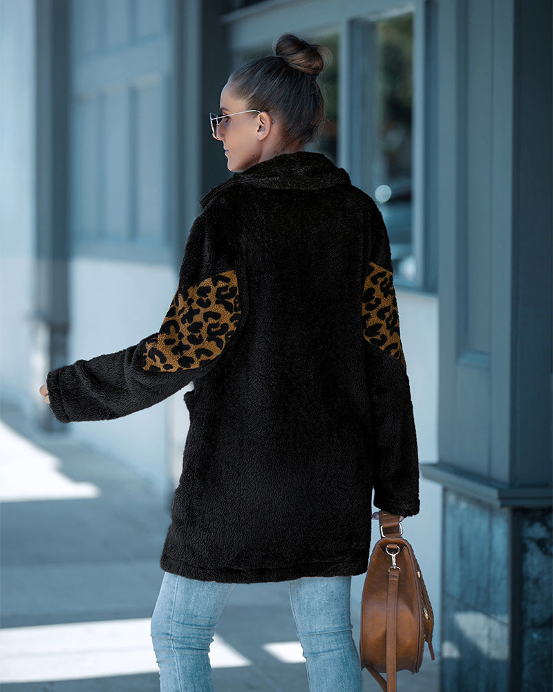 Leopard Print Plush Long Sleeve Button-Up Coat - Fashion Damsel