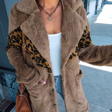 Leopard Print Plush Long Sleeve Button-Up Coat - Fashion Damsel