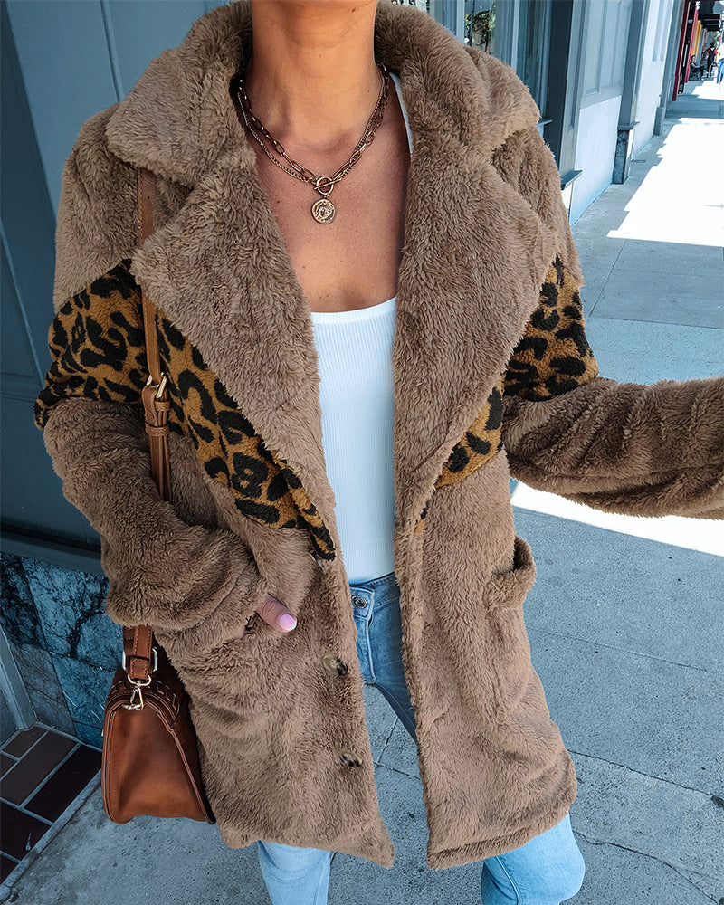 Leopard Print Plush Long Sleeve Button-Up Coat - Fashion Damsel