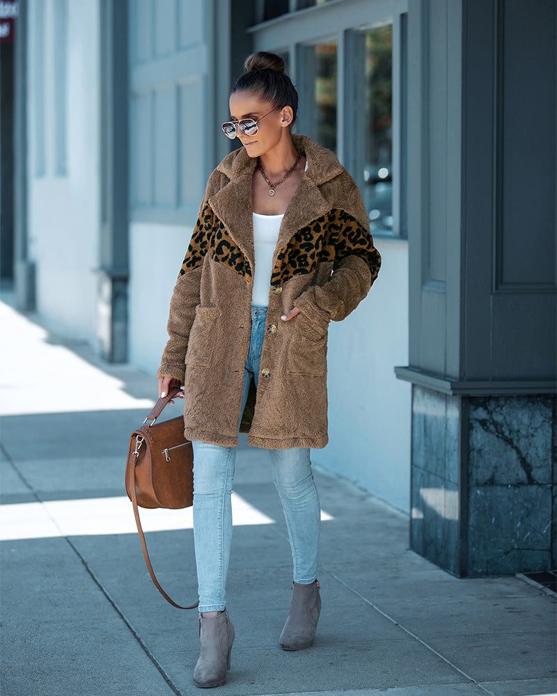 Leopard Print Plush Long Sleeve Button-Up Coat - Fashion Damsel