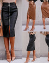 Elegant Faux Leather Front Zipper Midi Skirt - Fashion Damsel