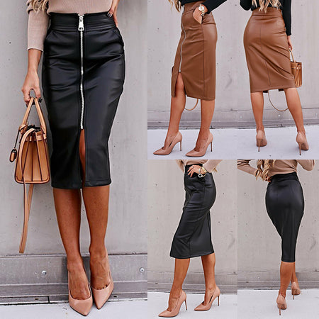 Elegant Faux Leather Front Zipper Midi Skirt - Fashion Damsel