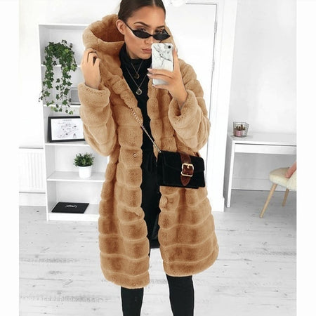 Long Sleeve Fleece Long Jacket W/Hood - Fashion Damsel