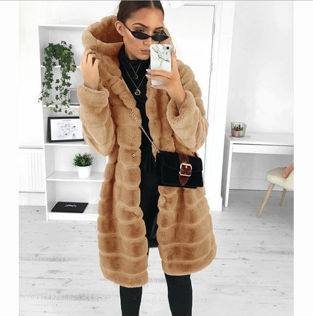 Long Sleeve Fleece Long Jacket W/Hood - Fashion Damsel
