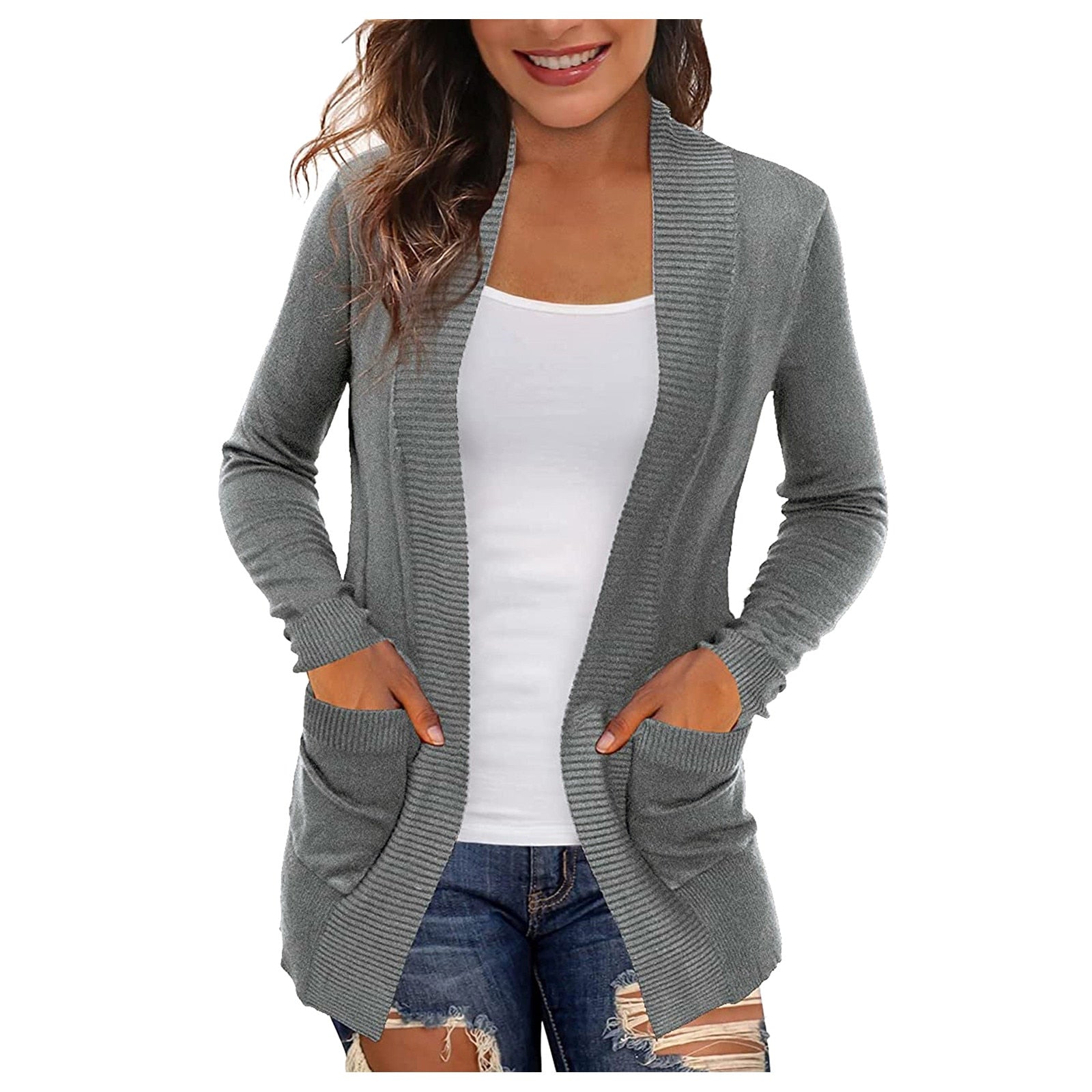 Lightweight Open Front Cardigan Sweater With Pockets - Fashion Damsel