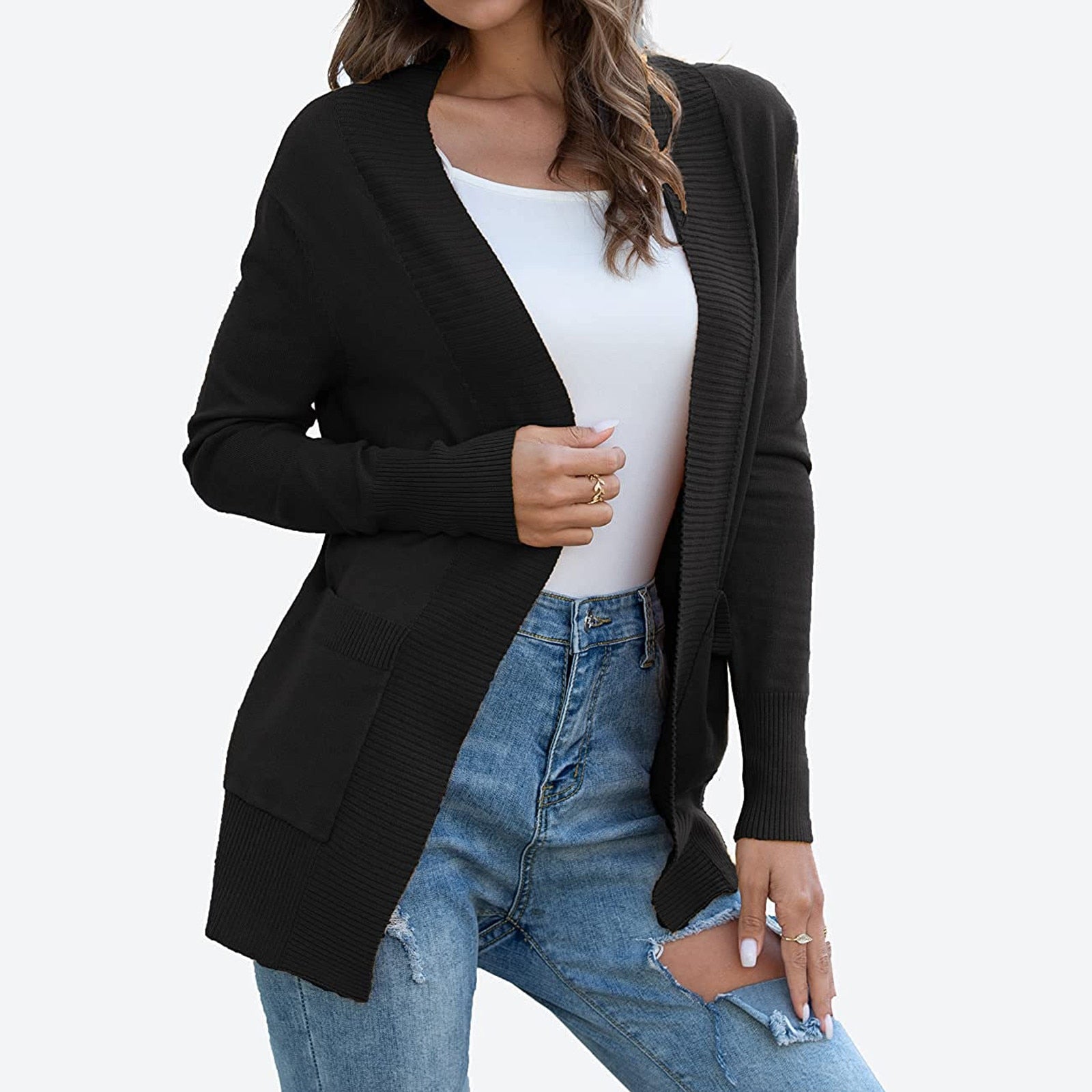 Lightweight Open Front Cardigan Sweater With Pockets - Fashion Damsel