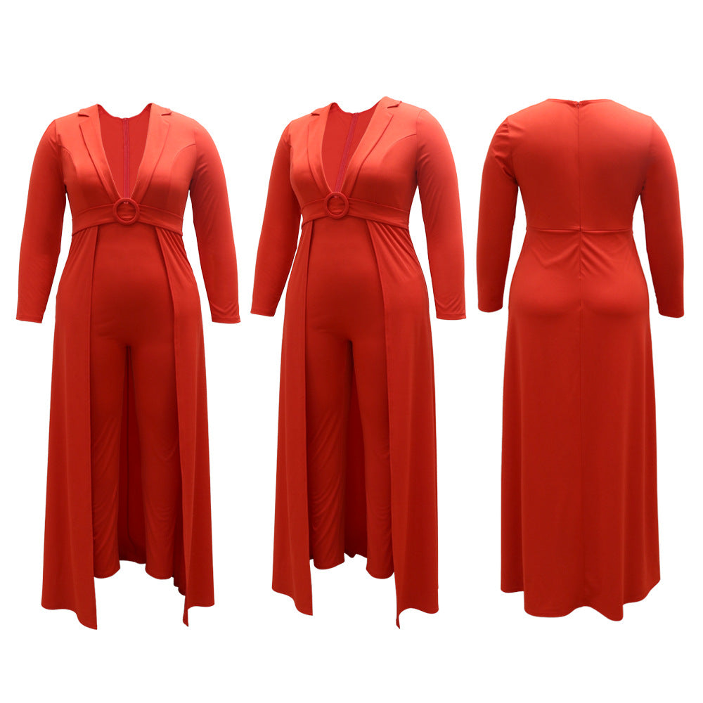 Deep V Neck Jumpsuit Dress for Women - Fashion Damsel