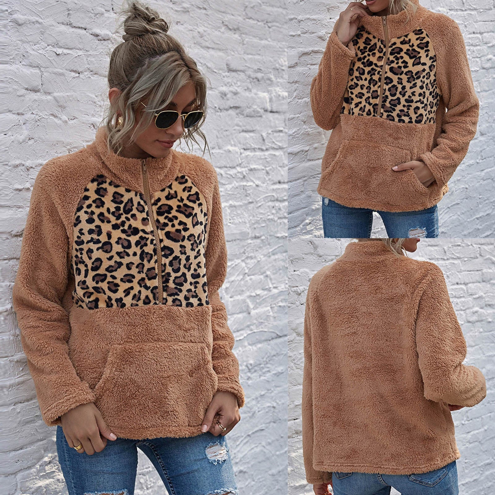 Plush Winter Leopard Print Long Sleeve O-neck Sweatshirt - Fashion Damsel