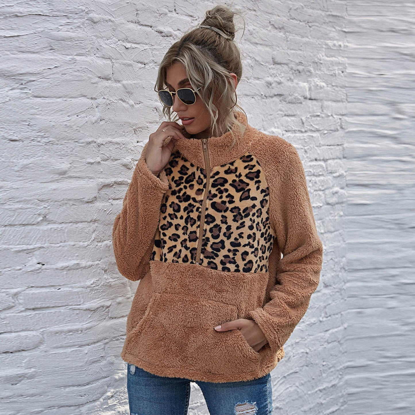 Plush Winter Leopard Print Long Sleeve O-neck Sweatshirt - Fashion Damsel