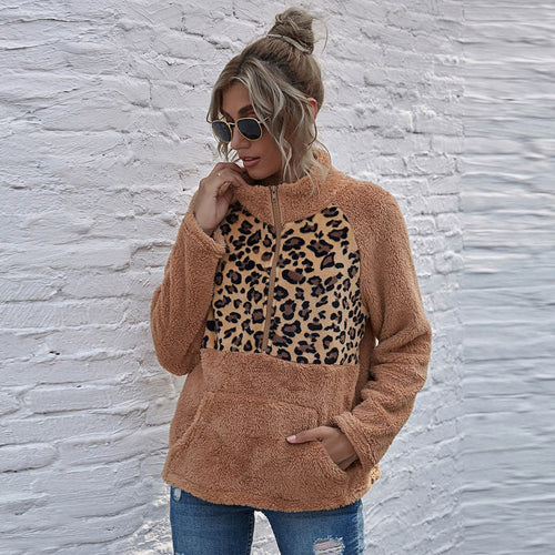 Plush Winter Leopard Print Long Sleeve O-neck Sweatshirt - Fashion Damsel