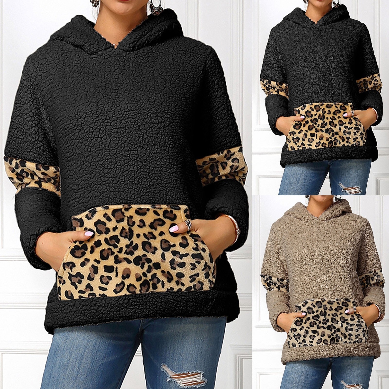 Winter Leisure Leopard Print Pocket Plush Round Neck Pullover - Fashion Damsel