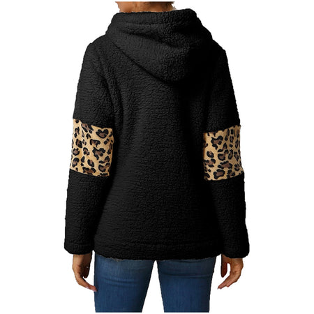 Winter Leisure Leopard Print Pocket Plush Round Neck Pullover - Fashion Damsel